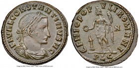 Constantine I the Great, as Caesar (AD 307-337). BI follis or nummus (26mm, 11h). NGC AU. Lugdunum, spring AD 307. FL VAL CONSTANTINVS N C, laureate, ...