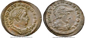 Constantine I the Great, as Augustus (AD 307-337). BI follis or nummus (24mm, 5h). NGC Choice AU. Trier, AD 310-313. IMP CONSTANTINVS AVG, laureate, d...