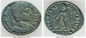 Helena (AD 324-328/30). AE3 or BI nummus (20mm, 2.51 gm, 5h). AU, tooled. Heraclea, 5th officina, AD 326. FL HELENA-AVGVSTA, pearl-diademed, mantled b...