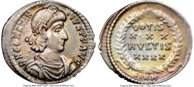 Constantius II, as Augustus (AD 337-361). AR siliqua (20mm, 1.46 gm, 12h). NGC VF 4/5 - 4/5. Sirmium, AD 351-355. D N CONSTAN-TIVS P F AVG, pearl-diad...