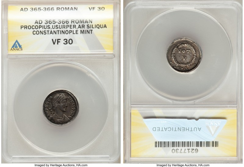 Procopius, Eastern Roman Empire (AD 365-366). AR siliqua (18mm, 6h). ANACS VF 30...