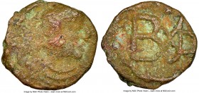 OSTROGOTHS. Baduila (AD 541-552). AE4 or nummus (9mm, 0.64 gm, 8h). NGC Fine 4/5 - 3/5. Uncertain mint. Pearl-diademed, draped and cuirassed bust righ...