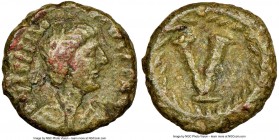 Justinian I the Great (AD 527-565). AE pentanummium (12mm, 1.79 gm, 7h). NGC Choice VF 4/5 - 3/5. Uncertain mint. D N IVSTINI-ANVS PP AVG, pearl-diade...