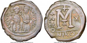 Justin II (AD 565-578), with Sophia. AE follis or 40 nummi (30mm, 7h). NGC XF S. Nicomedia, 1st officina, Regnal Year 10 (AD 574/5). D N IVSTI-NVS PP ...