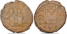 Justin II (AD 565-578), with Sophia. AE follis or 40 nummi (32mm, 12h). NGC VF. Cyzicus, 1st officina, Regnal Year 3 (AD 567/8). D N IVSTIN-ANVS PP S ...
