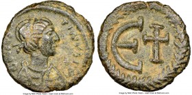 Justin II (AD 565-578). AE pentanummium (15mm, 2.38 gm, 6h). NGC XF S 4/5 - 4/5. Ravenna (?). D N IVS-TINVS PP, pearl-diademed, draped and cuirassed b...