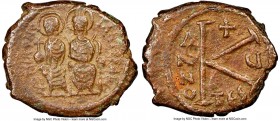 Tiberius II Constantine (AD 578-582) and Anastasia. AE half-follis or 20 nummus (20mm, 5h). NGC Choice VF. Thessalonica, Regnal Year 5 (AD 578/9). d m...
