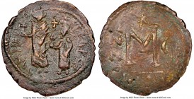 Heraclius (AD 610-641), with Heraclius Constantine. AE follis or 40 nummi (32mm, 9.18 gm, 12h). NGC XF 3/5 - 3/5, overstruck. Seleucia Isauriae, 2nd o...