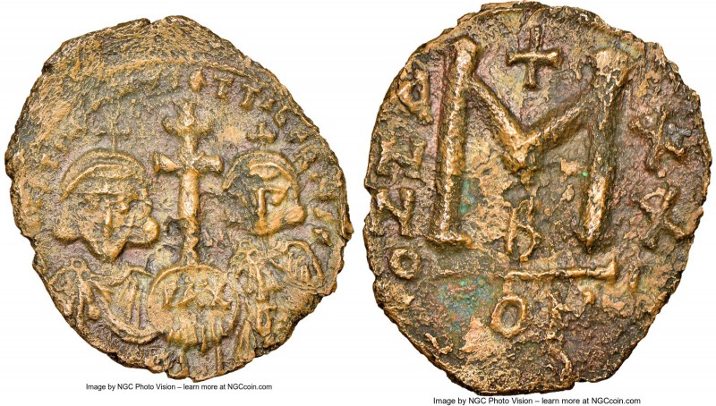 Justinian II Rhinotmetus, second reign (AD 705-711) and Tiberius. AE follis or 4...