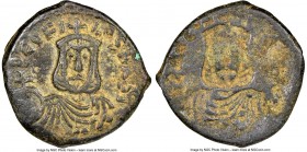 Theophilus (AD 829-842). AE follis (18mm, 4.20 gm, 12h). NGC Choice VF S 3/5 - 3/5, brockage. Syracuse. ΘEOFI-LOS bASI, bust of Theophilus facing, wea...