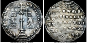 Basil II Bulgaroctonos (AD 976-1025), with Constantine VIII. AR miliaresion (23mm, 2.65 gm, 12h). NGC (photo-certificate) VF, wrinkled, edge cut. Cons...
