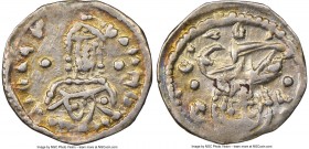 John V Palaeologus (AD 1341-1391). AR eighth-stavraton (16mm, 1.06 gm, 1h). NGC VF 4/5 - 5/5. Constantinople, AD 1367-1376. Bust of Christ facing, wea...