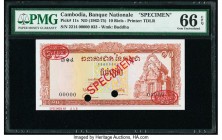 Cambodia Banque Nationale du Cambodge 10 Riels ND (1962-75) Pick 11s Specimen PMG Gem Uncirculated 66 EPQ. Two POCs; red Specimen & TDLR overprints.

...