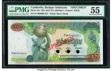 Cambodia Banque Nationale du Cambodge 500 Riels ND (1973-75) Pick 16s Specimen PMG About Uncirculated 55. Three POCs; red Specimen & TDLR overprints; ...
