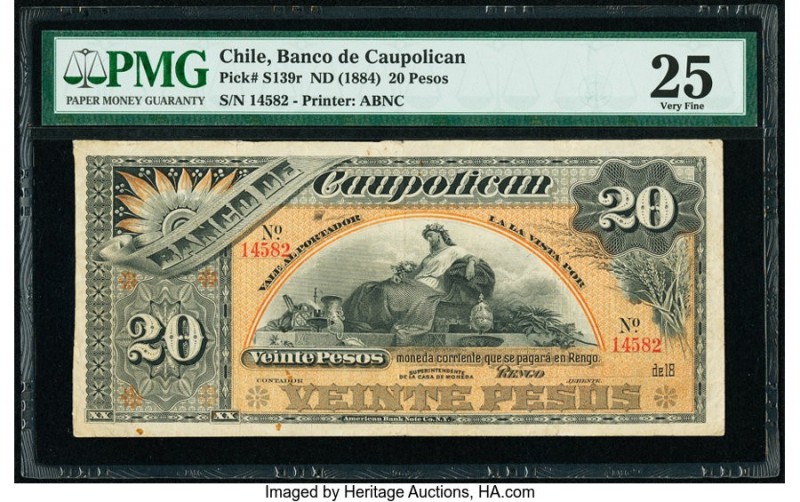 Chile Banco de Caupolican 20 Pesos ND (1884) Pick S139r Remainder PMG Very Fine ...