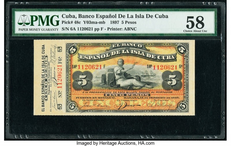 Cuba Banco Espanol De La Isla De Cuba 5 Pesos 15.2.1897 Pick 48c PMG Choice Abou...