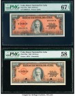Cuba Banco Nacional de Cuba 100 Pesos 1959 Pick 93a; 93ar Issued; Remainder PMG Superb Gem Unc 67 EPQ; Choice About Unc 58. Low serial number 87 on is...