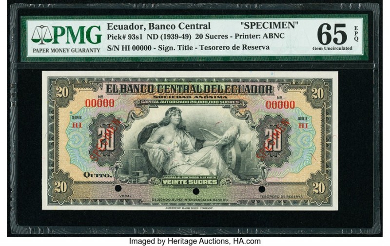 Ecuador Banco Central del Ecuador 20 Sucres ND (1939-49) Pick 93s1 Specimen PMG ...