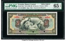 Ecuador Banco Central del Ecuador 20 Sucres ND (1939-49) Pick 93s1 Specimen PMG Gem Uncirculated 65 EPQ. Three POCs; red Specimen overprints; printer'...