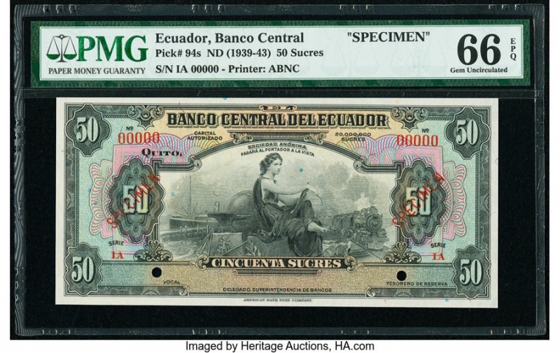 Ecuador Banco Central del Ecuador 50 Sucres ND (1939-43) Pick 94s Specimen PMG G...