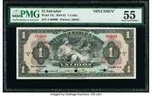 El Salvador Banco Central de Reserva de El Salvador 1 Colon 31.8.1934 Pick 75s Specimen PMG About Uncirculated 55. Three POCs; red Specimen overprints...