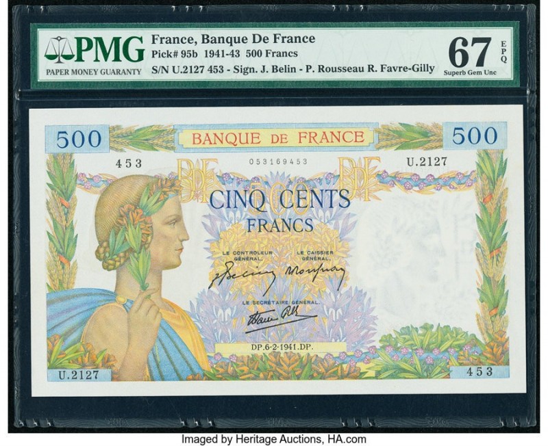 France Banque de France 500 Francs 6.2.1941 Pick 95b PMG Superb Gem Unc 67 EPQ. ...