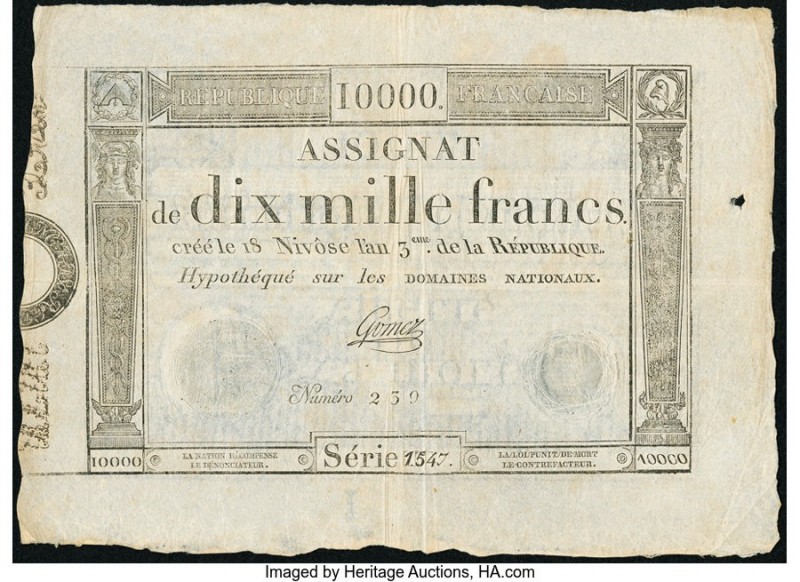 France Republique Francaise 10,000 Francs ND (1795) Pick A82 Very Fine. Spindle ...