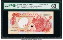 Ghana Bank of Ghana 10 Cedis 23.2.1967 Pick 12s Specimen PMG Choice Uncirculated 63. Red Specimen & TDLR overprints; one POC; previously mounted.

HID...