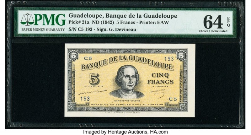 Guadeloupe Banque de la Guadeloupe 5 Francs ND (1942) Pick 21a PMG Choice Uncirc...