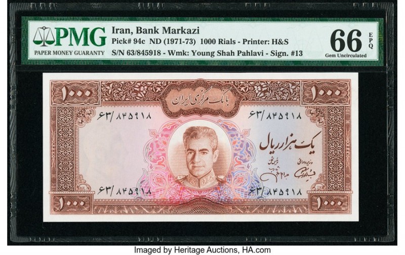 Iran Bank Markazi 1000 Rials ND (1971-73) Pick 94c PMG Gem Uncirculated 66 EPQ. ...