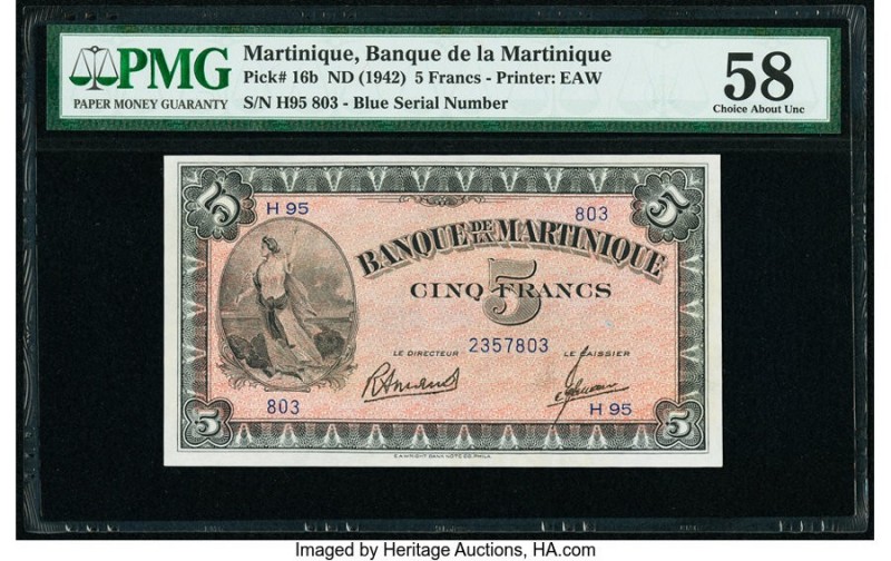 Martinique Banque de la Martinique 5 Francs ND (1942) Pick 16b PMG Choice About ...
