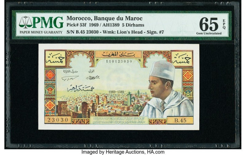 Morocco Banque d'Etat du Maroc 5 Dirhams 1969 / AH1389 Pick 53f PMG Gem Uncircul...