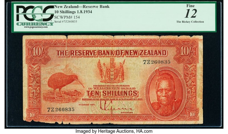 New Zealand Reserve Bank of New Zealand 10 Shillings 1.8.1934 Pick 154 PCGS Fine...