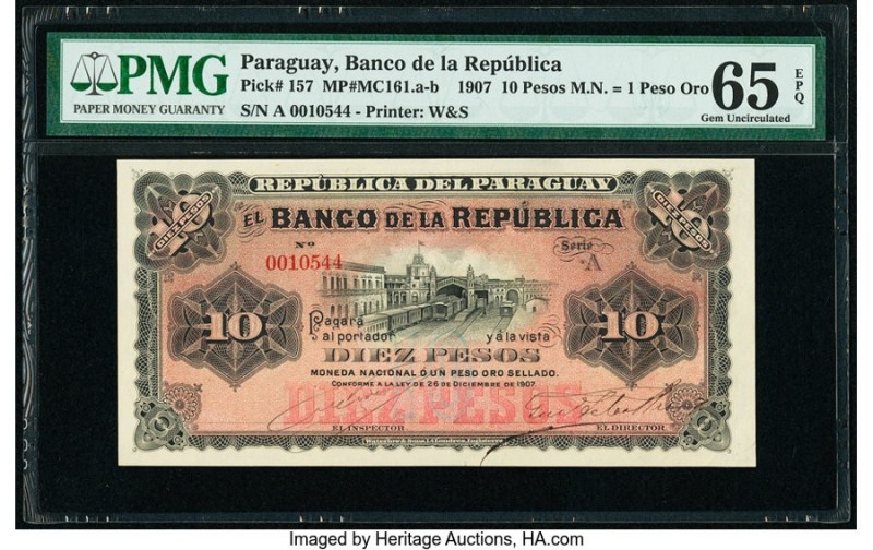Paraguay Banco de la Republica 10 Pesos 26.12.1907 Pick 157 PMG Gem Uncirculated...