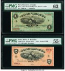 Peru Banco de Arequipa 1; 2 Soles ND (ca. 1870s) Pick S117r; S118r Two Remainders PMG Choice Uncirculated 63; About Uncirculated 55 EPQ. 

HID09801242...
