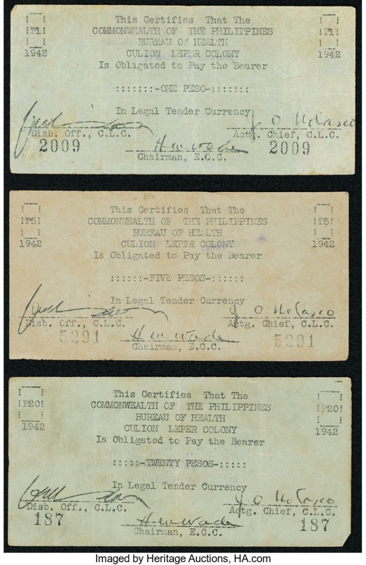 Philippines Culion Leper Colony 1; 5; 20 Pesos 1942 Pick S0245; S0246; S0247 Thr...