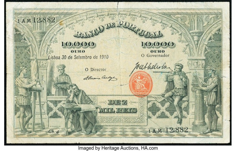 Portugal Banco de Portugal 10 Mil Reis 30.9.1910 Pick 108a Very Good. 

HID09801...