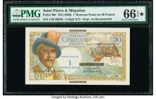 Saint Pierre and Miquelon Caisse Centrale de la France d'Outre-Mer 1 Nouveau Franc on 50 Francs ND (1960) Pick 30b PMG Gem Uncirculated 66 EPQ S. 

HI...