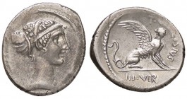 ROMANE REPUBBLICANE - CARISIA - T. Carisius (46 a.C.) - Denario - Testa della Sibilla d'Afrodisia /R Sfinge a d. B. 11; Cr. 464/1 (AG g. 3,75)R/Scritt...