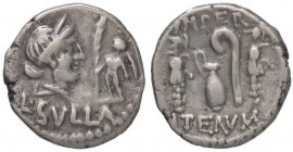 ROMANE REPUBBLICANE - CORNELIA - L. Cornelius Sulla Felix (84-83 a.C.) - Denario - Testa di Venere a d.; davanti, Cupido con ramo di palma /R Strument...
