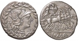 ROMANE REPUBBLICANE - GELLIA - Cn. Gellius (138 a.C.) - Denario - Testa di Roma a d. entro corona d'alloro /R Marte su quadriga a d. con la dea Nerio ...