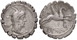 ROMANE REPUBBLICANE - PAPIA - L. Papius (79 a.C.) - Denario serrato - Testa di Giunone Sospita a d.; dietro, un simbolo /R Grifone a d.; sotto, un sim...