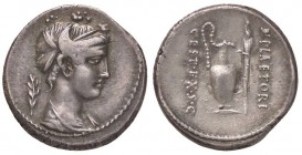 ROMANE REPUBBLICANE - PLAETORIA - M. Plaetorius M. f. Cestianus (67 a.C.) - Denario - Testa di donna a d.; dietro, un simbolo /R Praefericulum e torci...