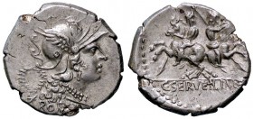 ROMANE REPUBBLICANE - SERVILIA - C. Servilius M. f. (136 a.C.) - Denario - Testa di Roma a d.; dietro una corona d'alloro /R I Dioscuri a cavallo in o...