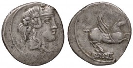 ROMANE REPUBBLICANE - TITIA - Q. Titius (90 a.C.) - Denario - Testa di Bacco a d. /R Pegaso in volo a d. B. 2; Cr. 341/2 (AG g. 4,05)
BB+