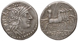 ROMANE REPUBBLICANE - TULLIA - M. Tullius (120 a.C.) - Denario - Testa di Roma a d. /R La Vittoria su quadriga verso d. sopra una corona e sotto X B. ...