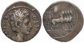 ROMANE IMPERIALI - Augusto (27 a.C.-14 d.C.) - Denario - Testa a d. /R Quadriga a d., sopra, un'aquila C. 274; RIC 108a (AG g. 3,76) Gradevole patina...