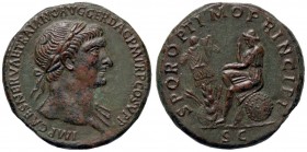 ROMANE IMPERIALI - Traiano (98-117) - Sesterzio - Testa laureata a d. /R La Dacia seduta a s. su degli scudi di fronte a un trofeo e degli scudi C. 53...