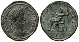 ROMANE IMPERIALI - Marco Aurelio (161-180) - Sesterzio - Busto laureato a d. /R Giove seduto a s. con Vittoria e scettro C. 250; RIC 1096 (AE g. 26,86...