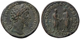 ROMANE IMPERIALI - Marco Aurelio (161-180) - Sesterzio - Busto laureato a d /R Marco Aurelio e Lucio Vero affrontati si danno la mano C. 51 (AE g. 27,...